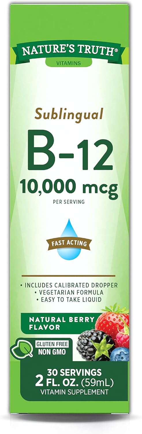 Vitamina B12 Sublingual 10.000 mcg, Líquido de Acción Rápida, Sabor Natural a Bayas, 59 ml (2 fl oz)