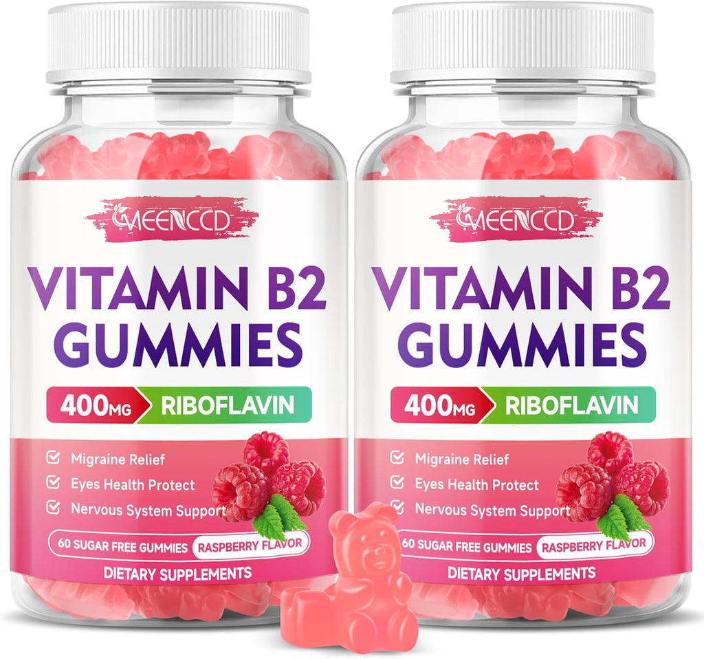 Gominolas de Vitamina B2 (Riboflavina) 400 mg con Magnesio – Sin Azúcar, Veganas, Sabor Frambuesa – 60 Unidades