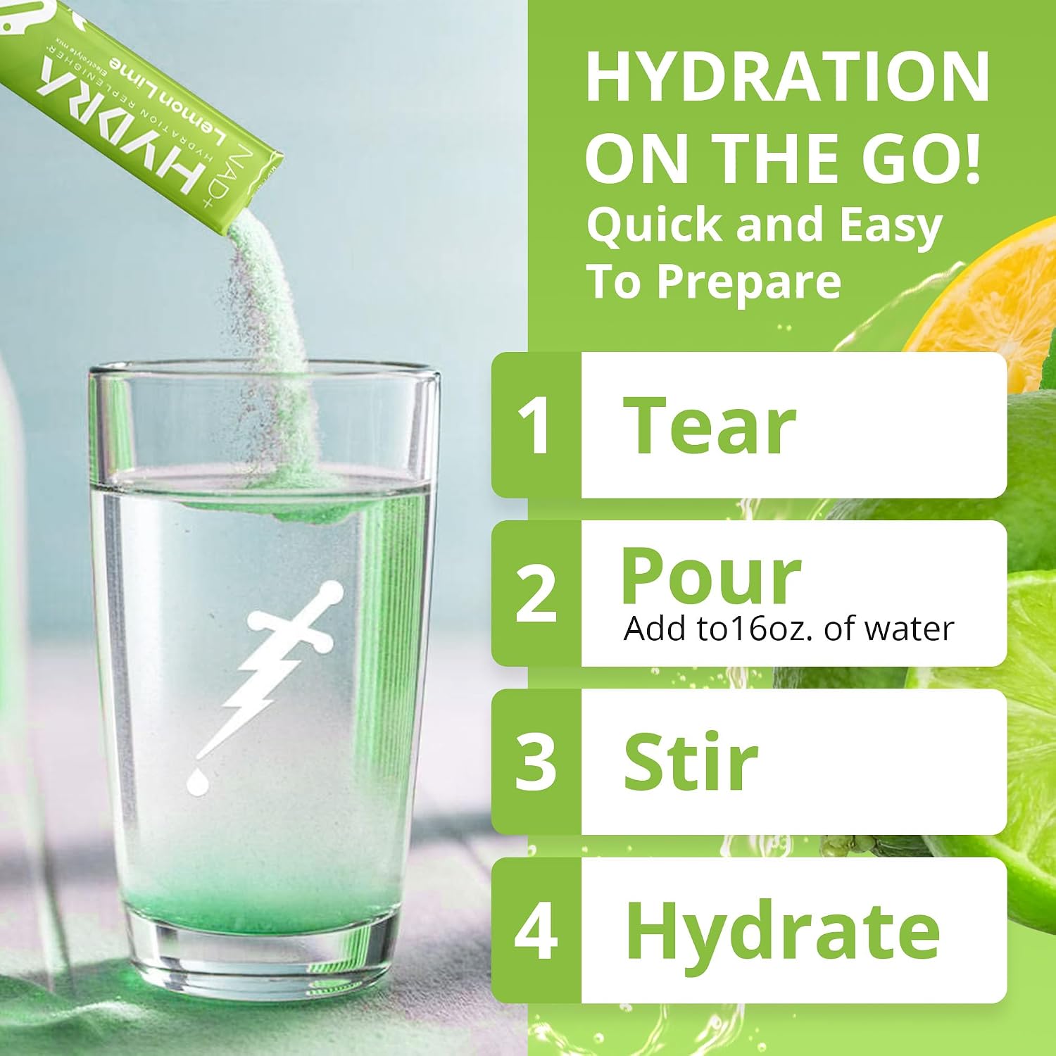Hydra Powders NAD+ Nutrients Electrolyte Powder Packets - 16 Sobres Sabor Lima Limón