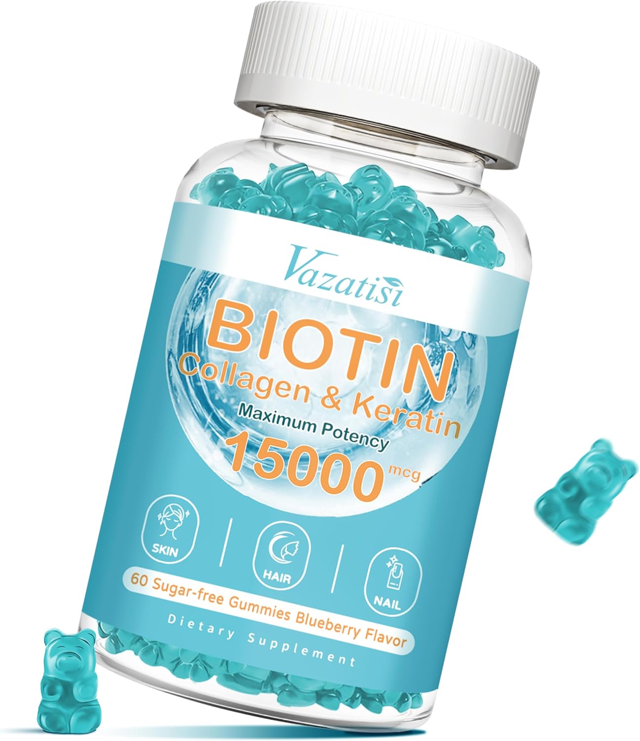 Gominolas de Biotina con Colágeno y Vitaminas para el Cabello, Piel y Uñas - Sin Azúcar, Sabor Arándano, 120 unidades