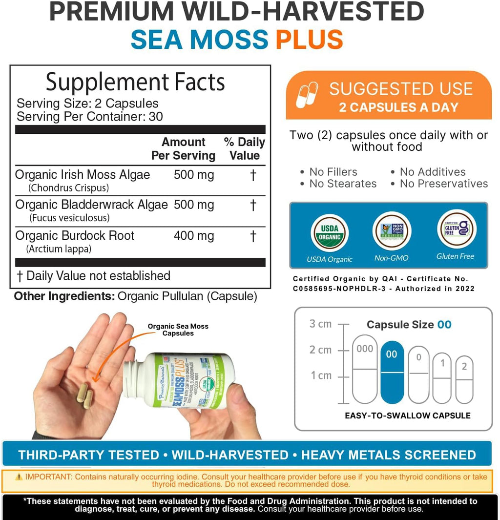 Power By Naturals Sea Moss Plus – Cápsulas Orgánicas de Musgo Irlandés con Bladderwrack y Raíz de Bardana – 60 Cápsulas (1 Mes)