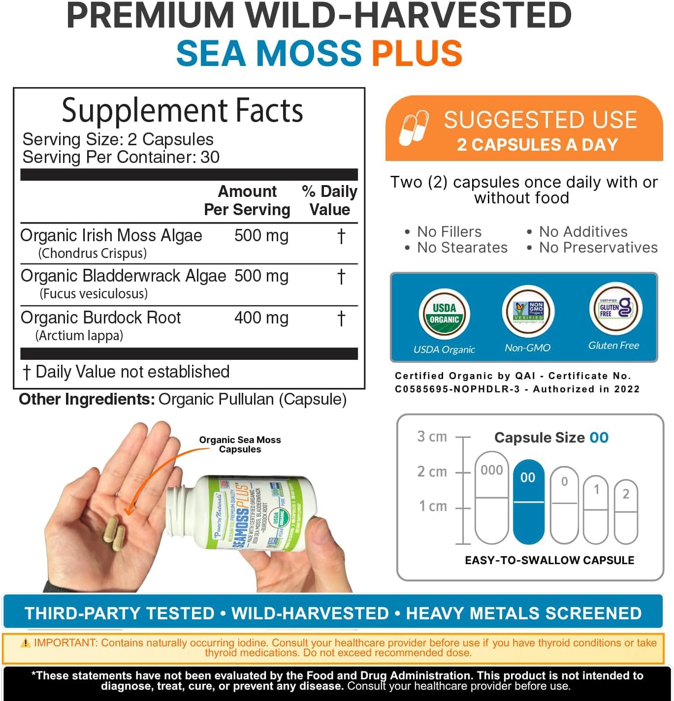 Power By Naturals Sea Moss Plus – Cápsulas Orgánicas de Musgo Irlandés con Bladderwrack y Raíz de Bardana – 60 Cápsulas (1 Mes)
