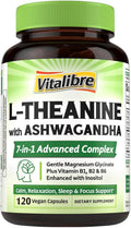 Vitalibre L-Teanina 200mg 7 en 1 con Magnesio Glicinato, Ashwagandha, Inositol y Vitaminas B1, B2, B6 - Apoyo para la Calma, Relax, Sueño y Concentración - 120 Cápsulas Veganas