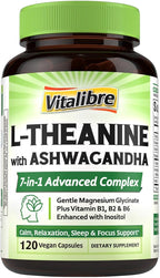Vitalibre L-Teanina 200mg 7 en 1 con Magnesio Glicinato, Ashwagandha, Inositol y Vitaminas B1, B2, B6 - Apoyo para la Calma, Relax, Sueño y Concentración - 120 Cápsulas Veganas
