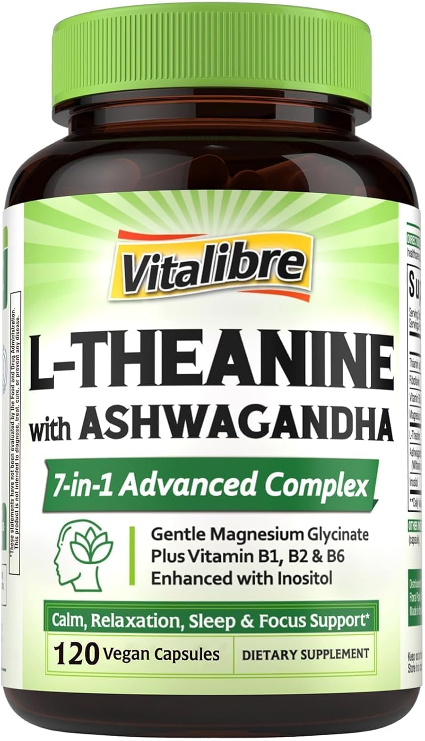 Vitalibre L-Teanina 200mg 7 en 1 con Magnesio Glicinato, Ashwagandha, Inositol y Vitaminas B1, B2, B6 - Apoyo para la Calma, Relax, Sueño y Concentración - 120 Cápsulas Veganas