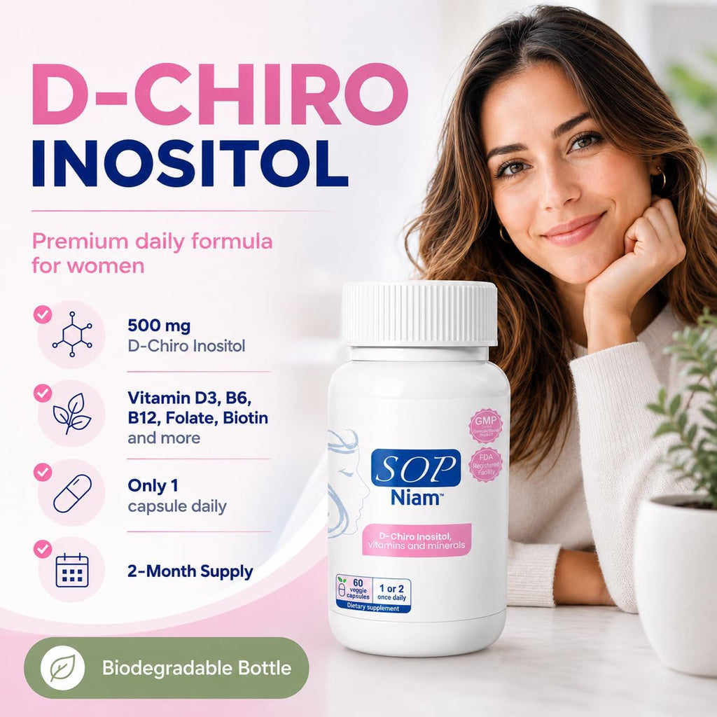 SOP NIAM D-Chiro Inositol 500mg con Ácido Fólico, Vitamina D3, B6, B12 y Biotina - 60 Cápsulas Veganas