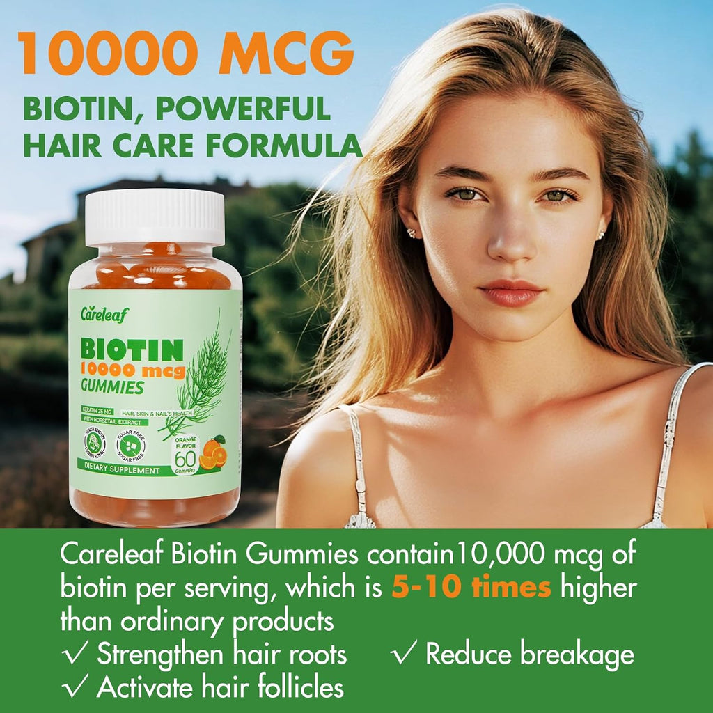careleaf Biotina 10000mcg Gominolas con Colágeno y Queratina para Cabello, Piel y Uñas, 60 unidades, Sabor Naranja