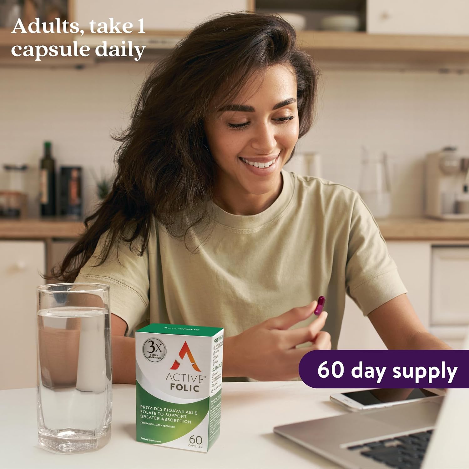 Active Folic Acid Supplement - Ácido Fólico Activo 400mcg, L-Metilfolato (Quatrefolic), 60 Cápsulas