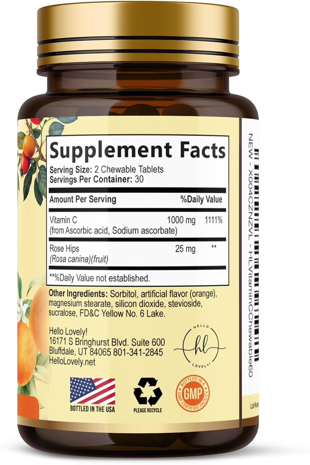 Vitamina C 1000mg con Escaramujo y Bioflavonoides - Suplemento Masticable Sin Azúcar - 60 Comprimidos