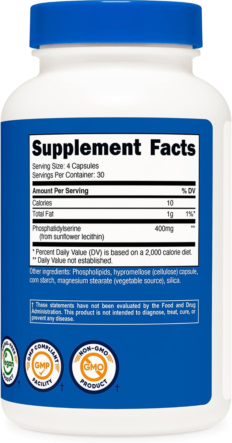 Nutricost Fosfatidilserina 400 mg, 120 Cápsulas - Sin Soja, 30 Dosis, Vegetariano, Sin OGM, Sin Gluten