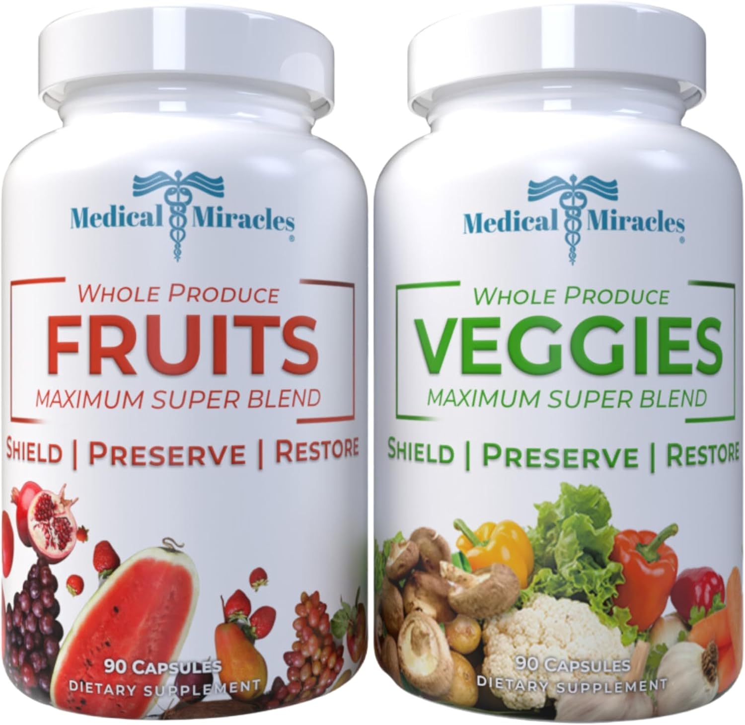 Medical Miracles Suplemento de Frutas y Verduras - 90 Cápsulas de Verduras y 90 de Frutas (180 Total) - Superalimentos Integrales