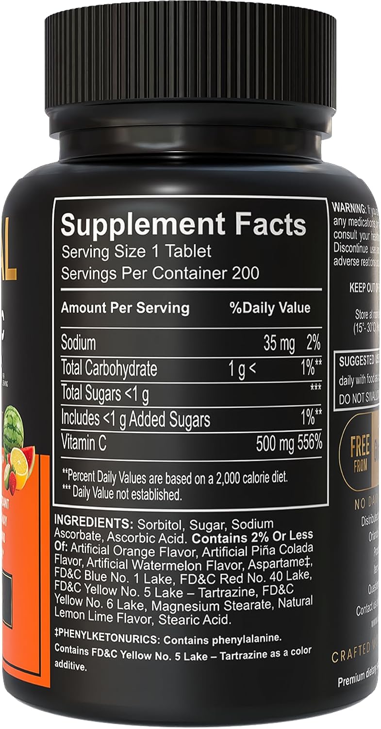 LUAL Vitamina C 500 mg Comprimidos Masticables Sabor Tropical, 200 Unidades