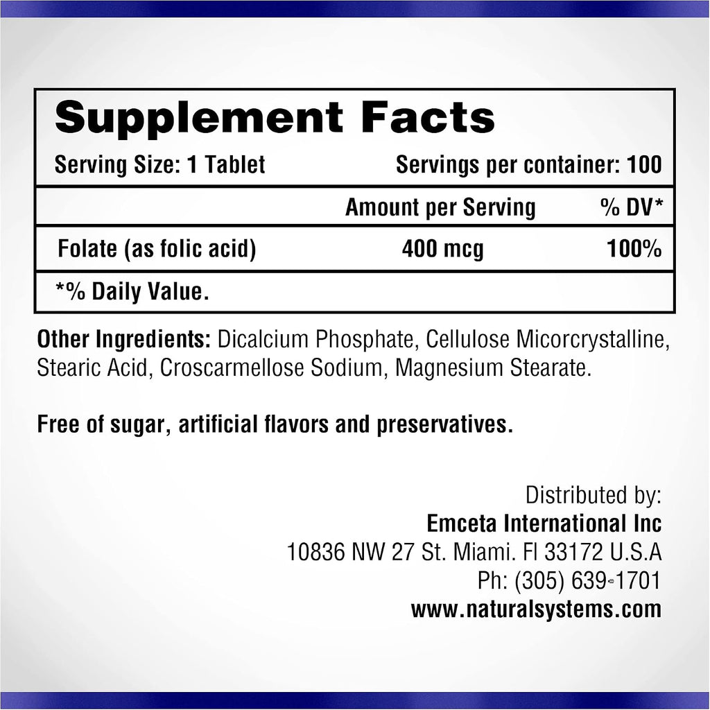 Ácido Fólico 400 mcg - 100 Comprimidos - Natural Systems