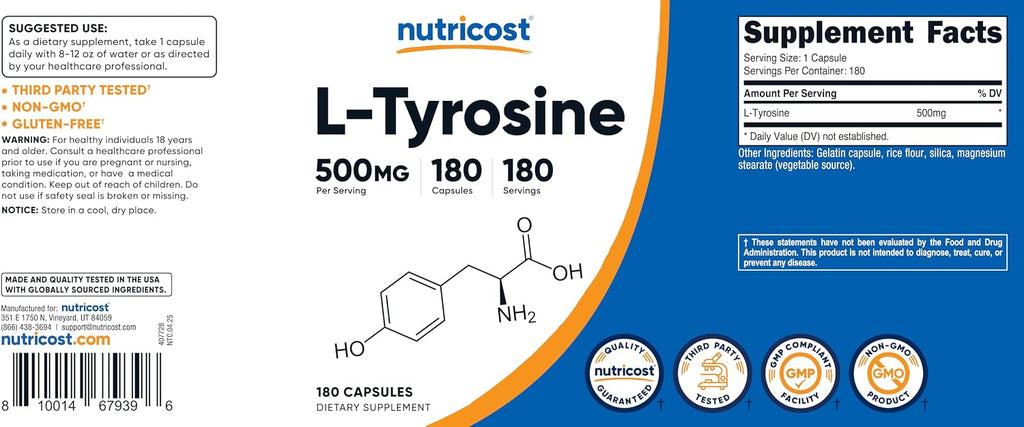 Nutricost L-Tirosina 500mg, 180 Cápsulas (3 Botellas)