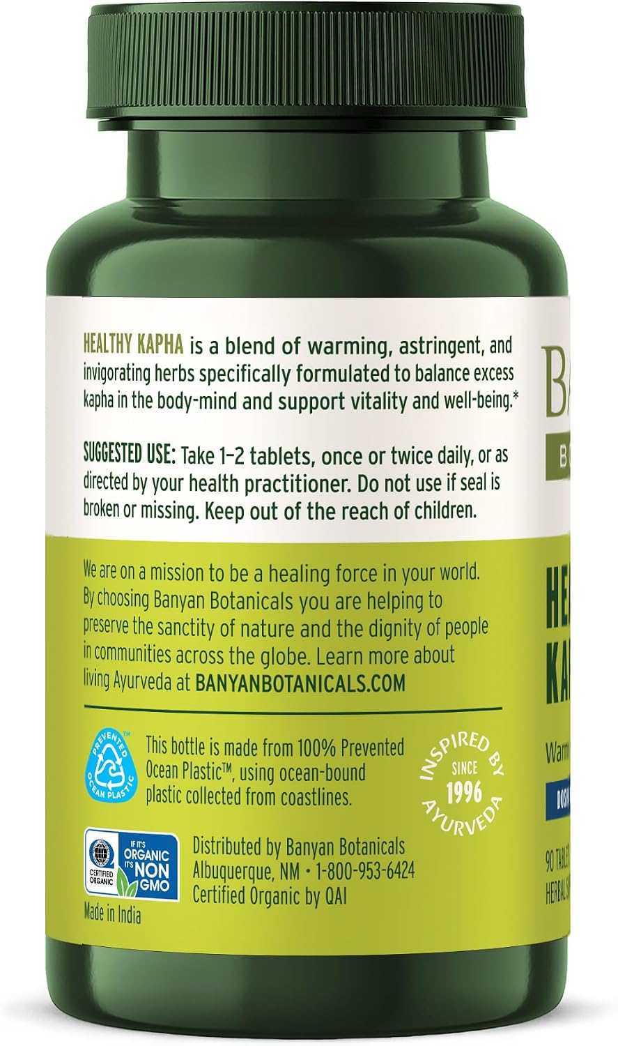 Banyan Botanicals Organic Healthy Kapha – Suplemento Herbal Caliente y Vigorizante – Apoya el Movimiento Sistémico, la Energía Física y la Circulación – 90 Comprimidos – USDA Orgánico