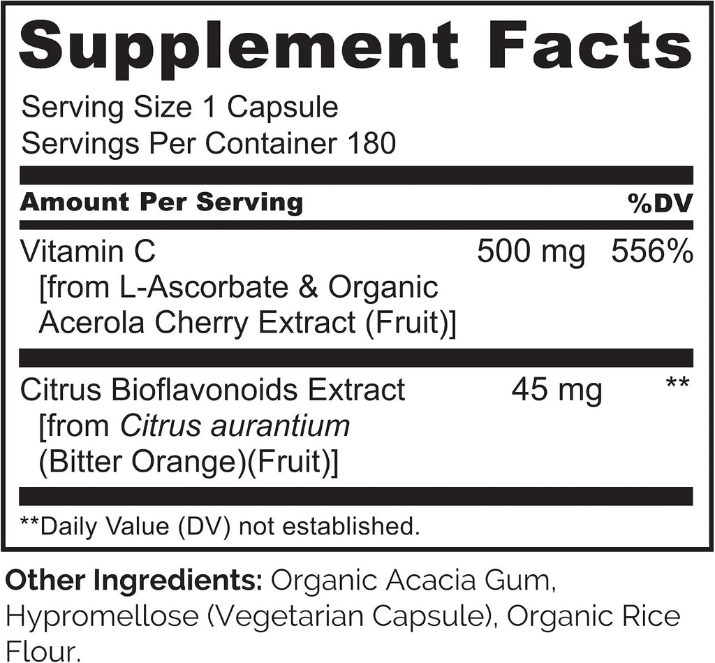NATURELO Vitamina C con Acerola Ecológica y Bioflavonoides Cítricos - 500 mg por Cápsula - 180 Cápsulas