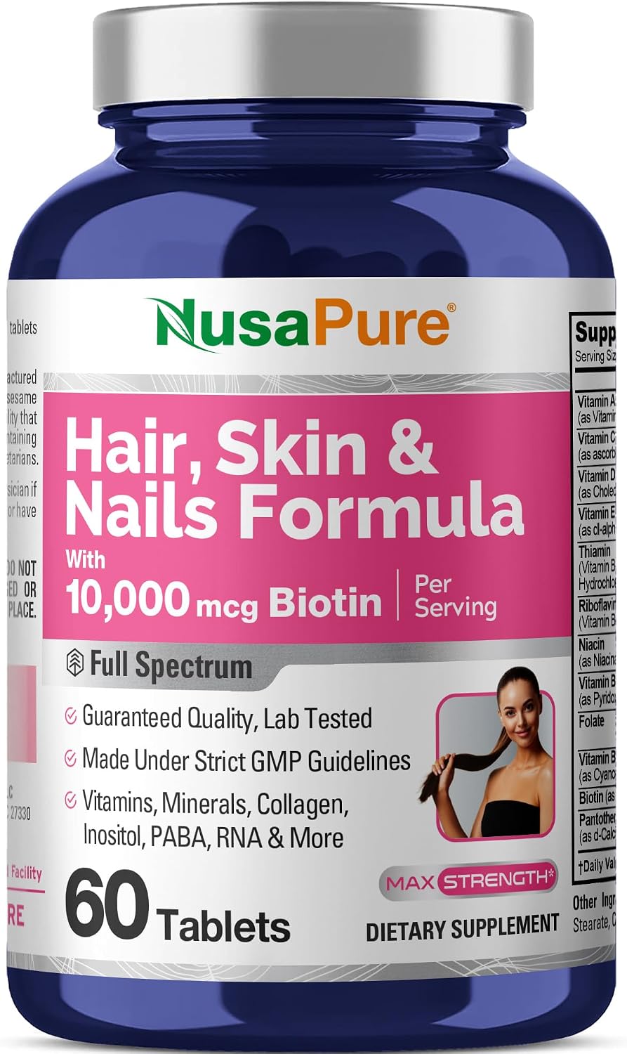 Fórmula NusaPure para Cabello, Piel y Uñas con 10.000 mcg de Biotina por Ración - 60 Comprimidos - Vegetariano y No-OGM