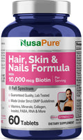 Fórmula NusaPure para Cabello, Piel y Uñas con 10.000 mcg de Biotina por Ración - 60 Comprimidos - Vegetariano y No-OGM