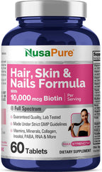 Fórmula NusaPure para Cabello, Piel y Uñas con 10.000 mcg de Biotina por Ración - 60 Comprimidos - Vegetariano y No-OGM