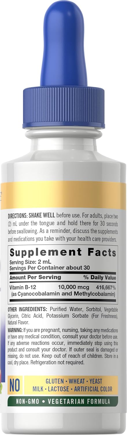 Carlyle Vitamina B12 Sublingual Líquida – 10.000 mcg – 60 ml – Cianocobalamina y Metilcobalamina – Sin Gluten y No-GMO