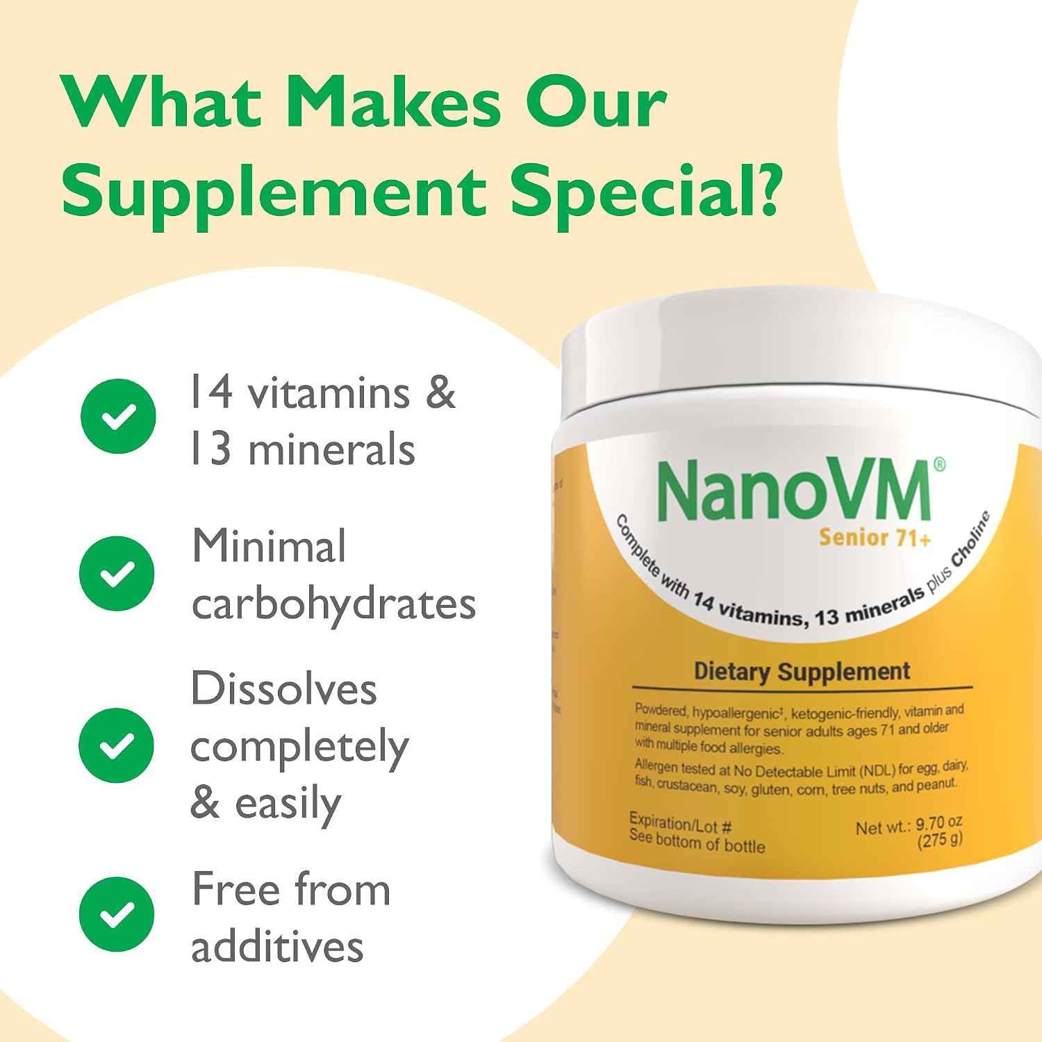 NanoVM Senior 71+ Multivitamin Powder - 14 Vitaminas y 13 Minerales, Sin Alérgenos, Bajo en Carbohidratos, 275g