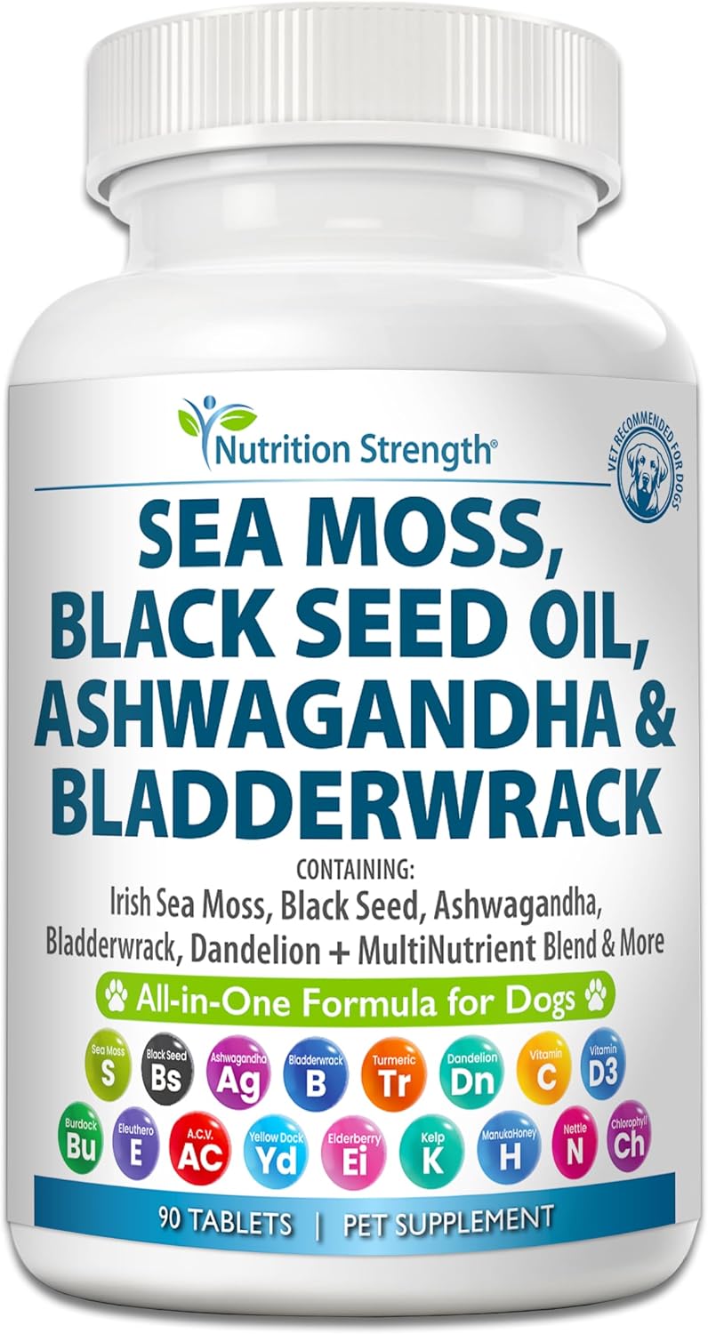Nutrition Strength Sea Moss para Perros - 17-en-1 Apoyo Inmunidad, Piel y Pelaje con Aceite de Semilla Negra, Ashwagandha y Cúrcuma - 90 Comprimidos Masticables