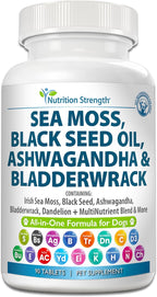 Nutrition Strength Sea Moss para Perros - 17-en-1 Apoyo Inmunidad, Piel y Pelaje con Aceite de Semilla Negra, Ashwagandha y Cúrcuma - 90 Comprimidos Masticables