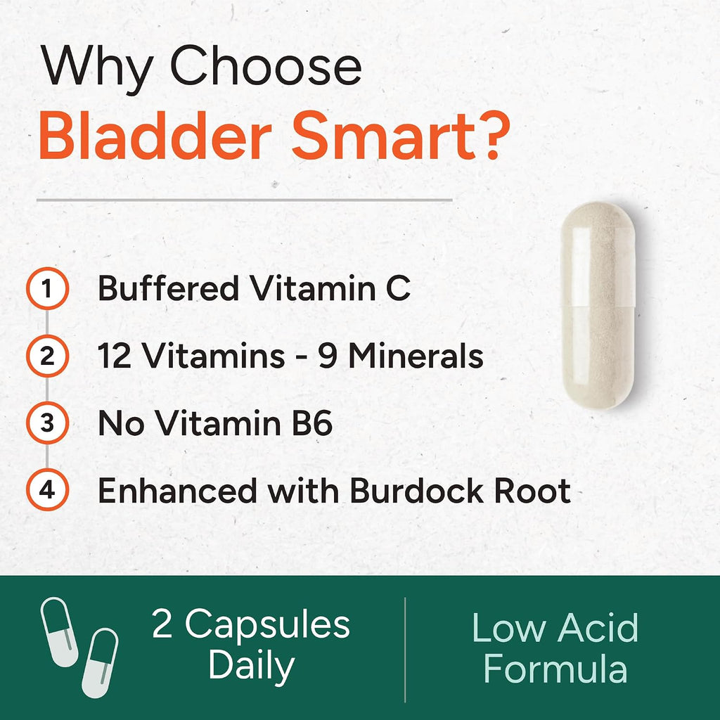 BLADDER SMART Multivitamínico Bajo en Ácido para Vejigas Sensibles - 12 Vitaminas y 9 Minerales - 60 Cápsulas