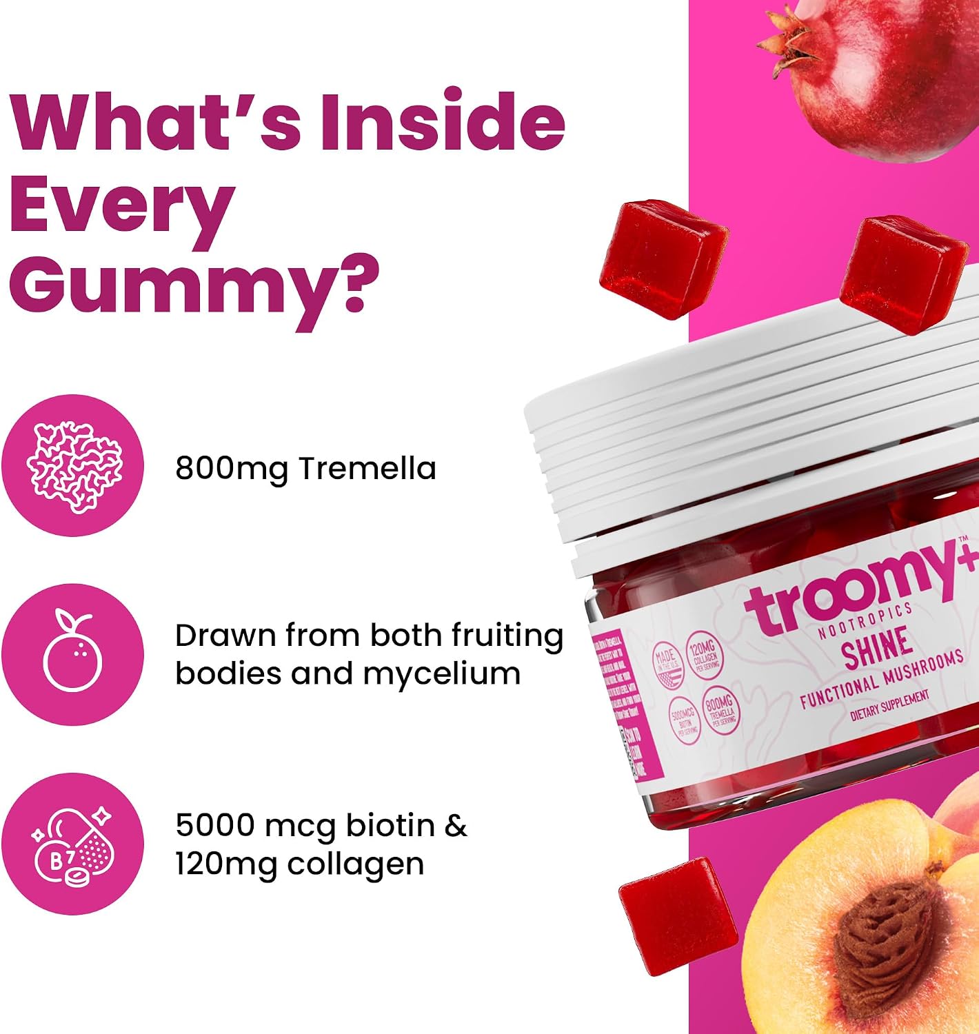 Troomy Shine Gominolas de Tremella con Biotina y Colágeno para Cabello, Piel y Uñas - Sabor Melocotón Blanco y Granada - 30 Gomitas