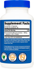 Nutricost Mucuna Pruriens 400mg, 120 Cápsulas - 800mg por Dosis, Cápsulas Vegetales
