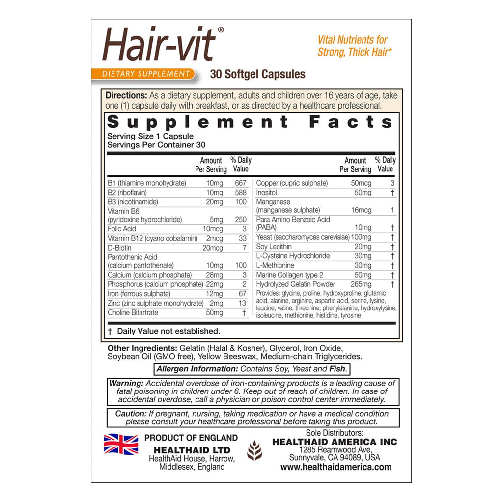 HealthAid Hair-VIT 30 Cápsulas - Complemento Capilar con Vitaminas B y Aminoácidos
