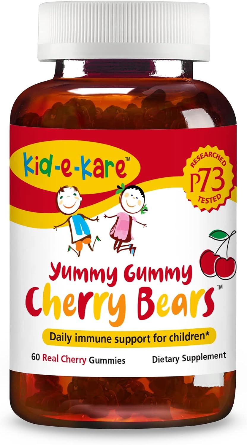 kid-e-kare Yummy Gummy Cherry Bears - 60 Gominolas de Cereza para el Apoyo Inmunitario Infantil - Con P73 Oreganol y Aceite de Semilla Negra - Sin OGM
