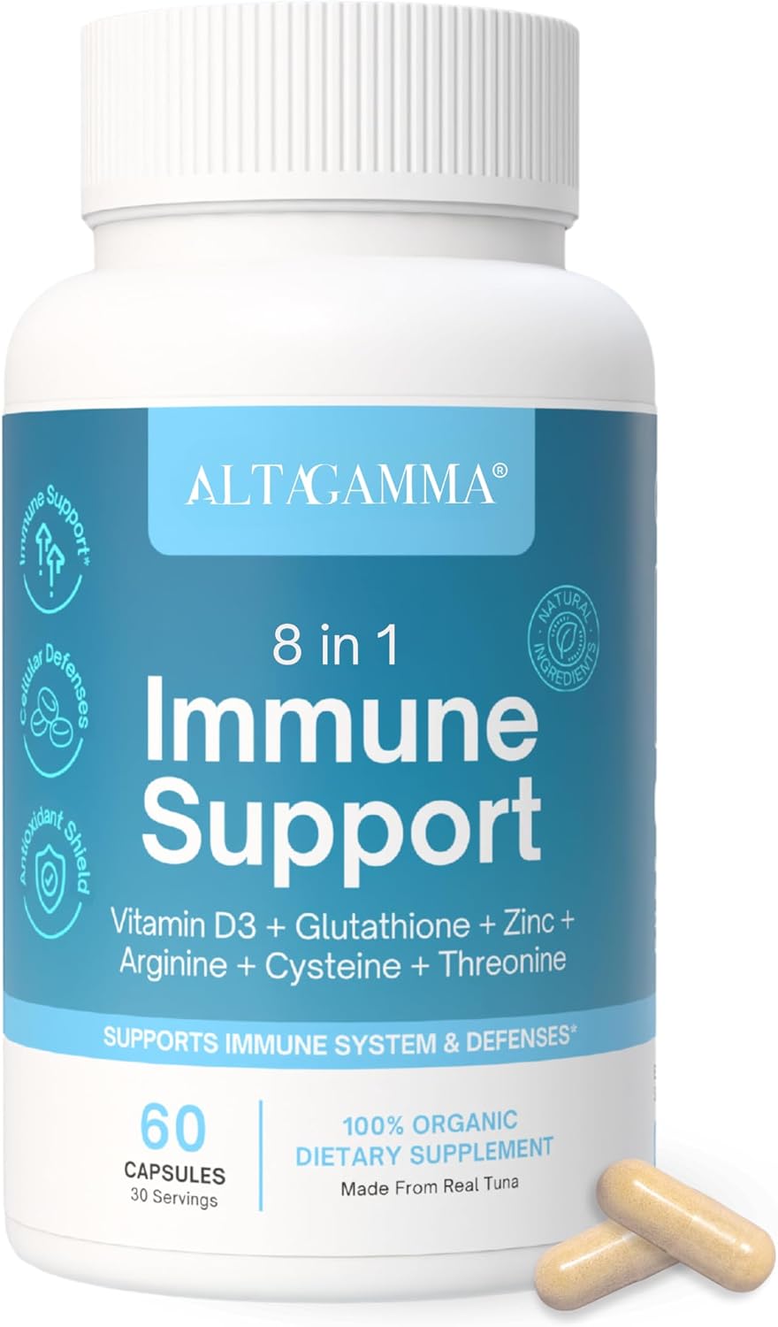 ALTAGAMMA 8 en 1 Suplemento de Apoyo Inmunológico con L-Lisina, Vitamina D y Zinc, 60 Cápsulas
