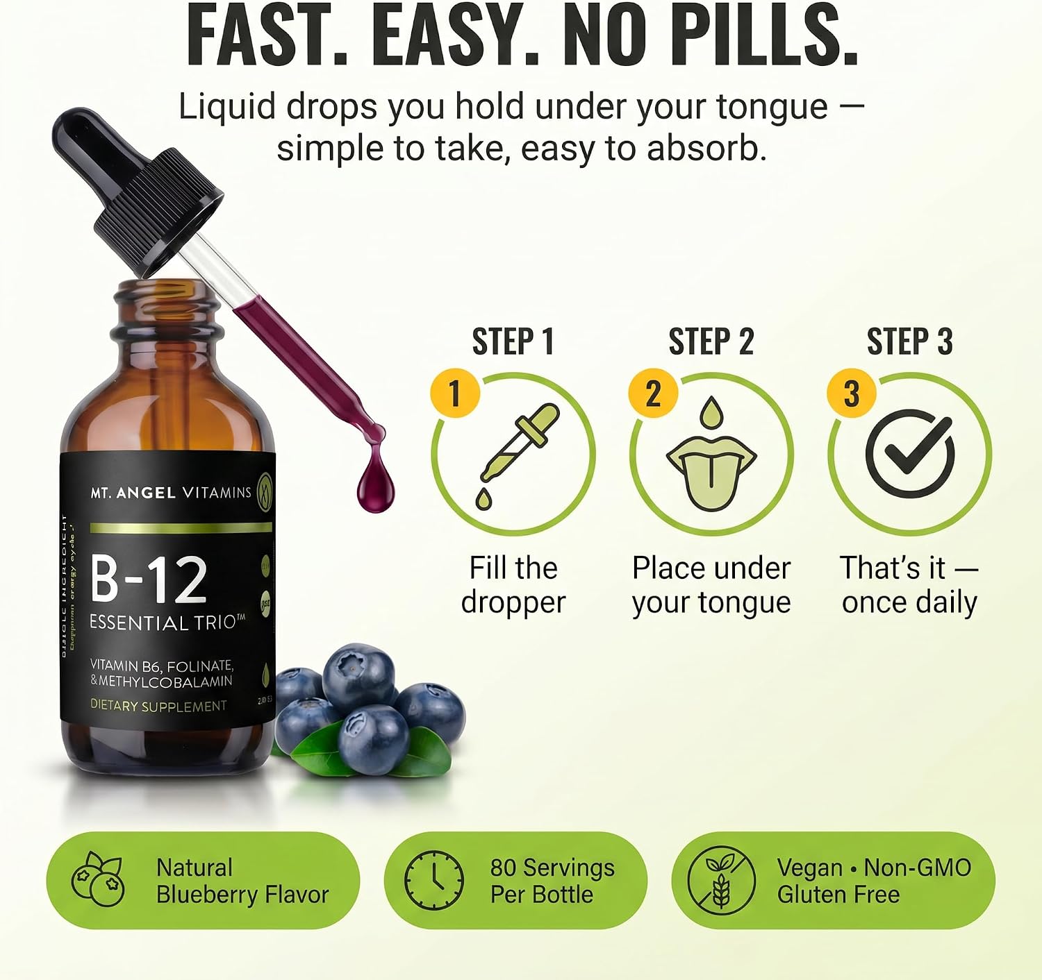 Mt. Angel Vitamins - B12 Essential Trio - Gotas sublinguales veganas con metil B12, B6 y folato