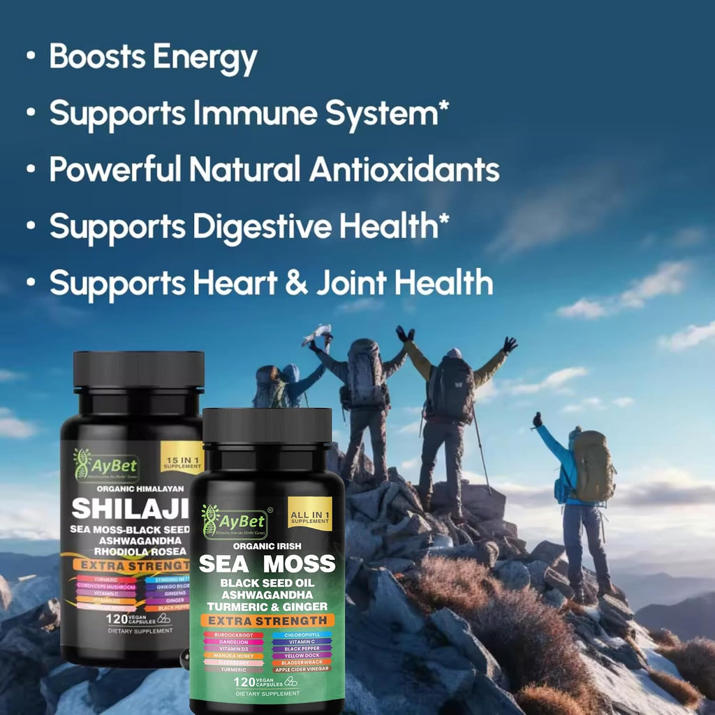 AyBet Sea Moss y Shilajit del Himalaya – Fórmula Herbal 22 en 1 con Ashwagandha, Cúrcuma, Jengibre – Minerales y Antioxidantes – Cápsulas Orgánicas, Halal, Veganas – 120 Unidades