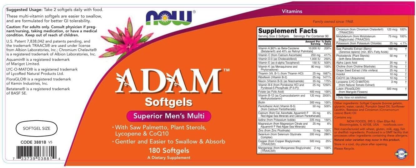 Now Foods ADAM Multivitamínico para Hombres, 180 Cápsulas Blandas (Paquete de 2)