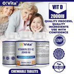 O!VITA Vitamina D3 + K2 2000UI Masticable para el Mantenimiento de los Huesos, 90 Comprimidos Vegetarianos (Suministro para 3 Meses)