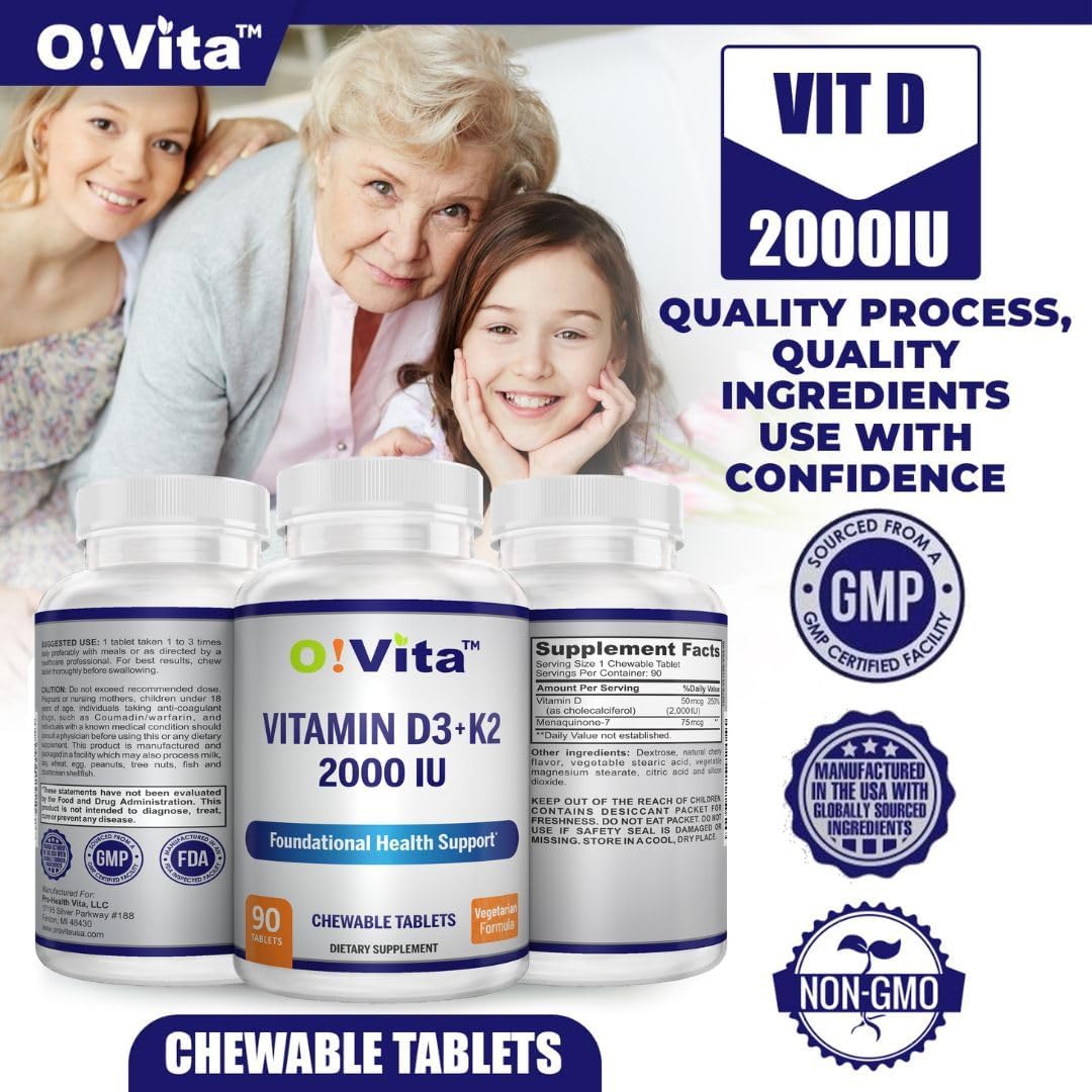 O!VITA Vitamina D3 + K2 2000UI Masticable para el Mantenimiento de los Huesos, 90 Comprimidos Vegetarianos (Suministro para 3 Meses)