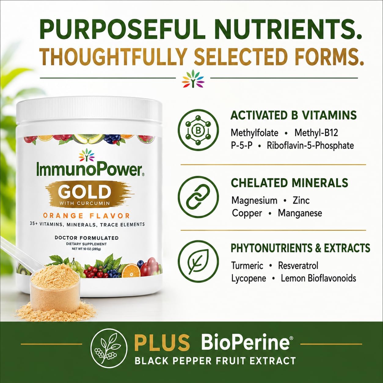 ImmunoPower Gold - Cúrcuma de Alta Absorción con BioPerine y 35+ Nutrientes - Sabor Naranja