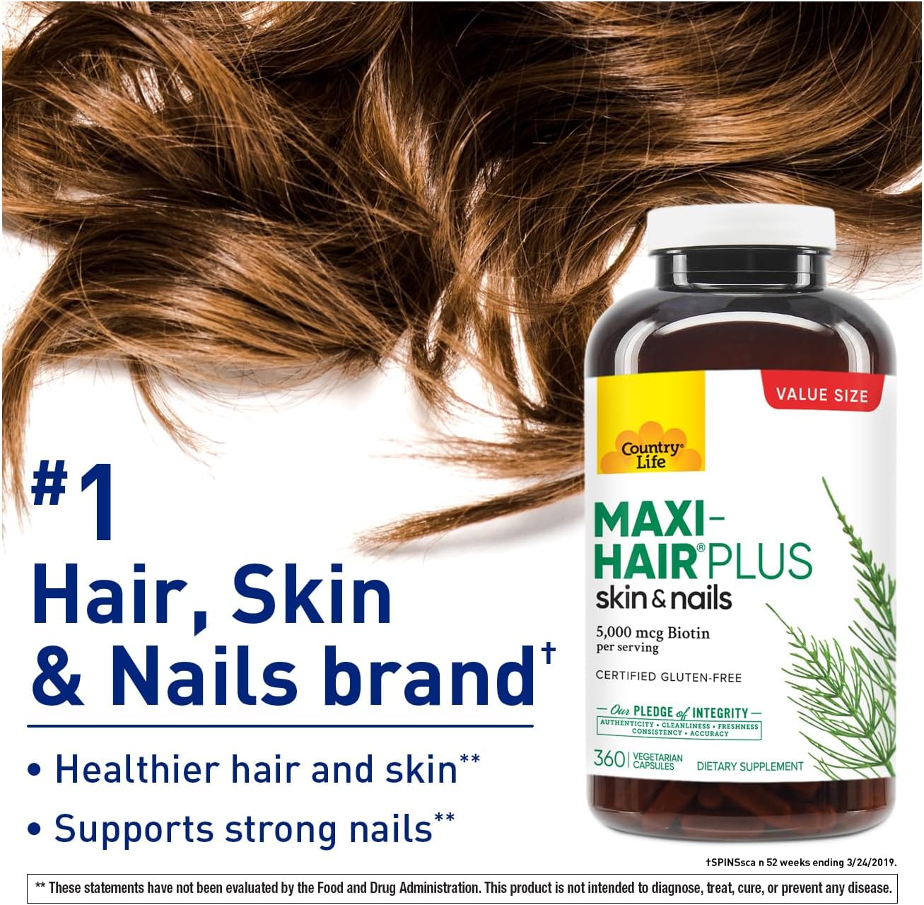 Country Life Maxi-Hair Plus Biotina 5000 mcg, 360 Cápsulas - Sin Gluten, Vegetariano