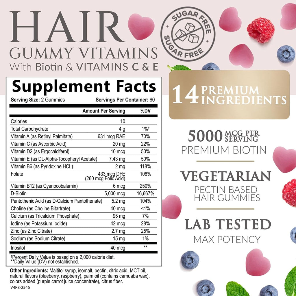 Gominolas de Biotina 5000 mcg Sin Azúcar - Apoyo Nutricional para Cabello, Piel y Uñas - 120 Gominolas Vegetarianas