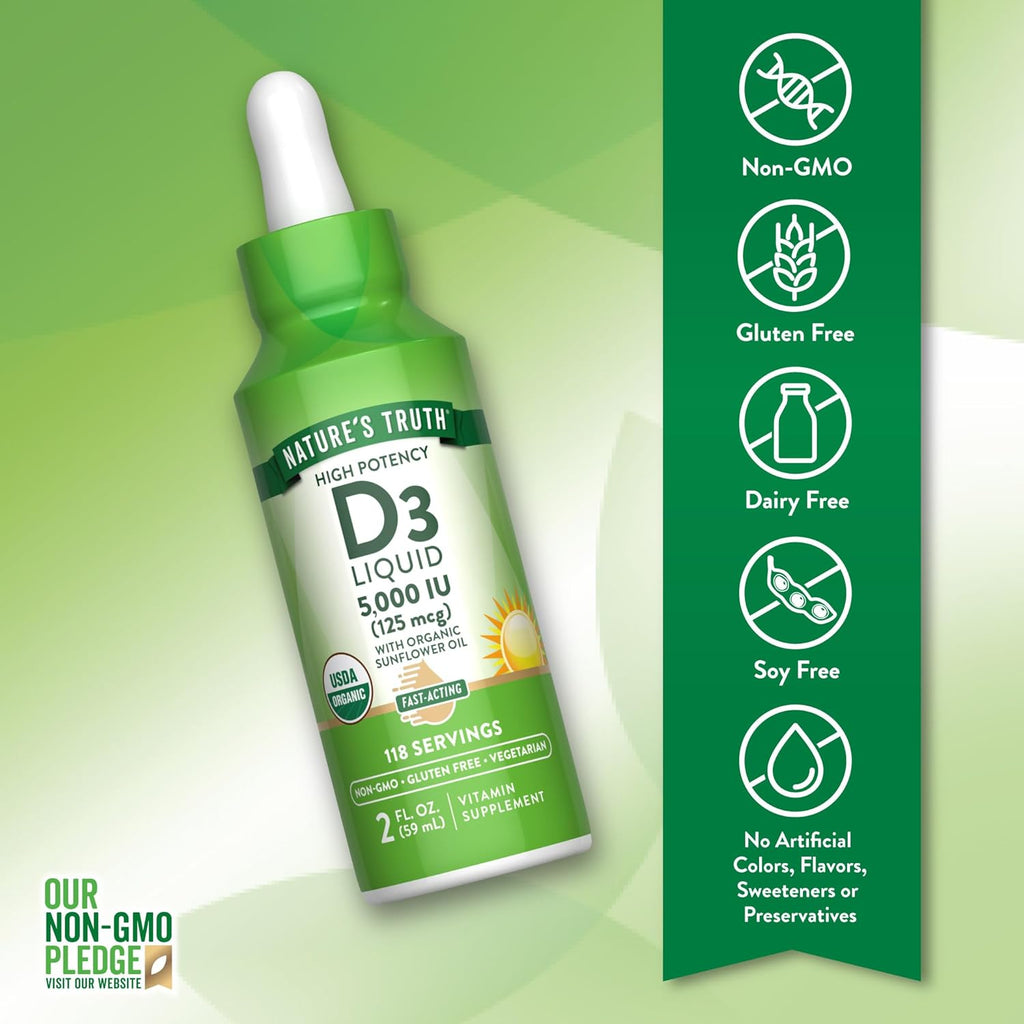 Nature's Truth Vitamina D3 Líquida | 5000 UI | 60 ml | Orgánico USDA y Sin Gluten