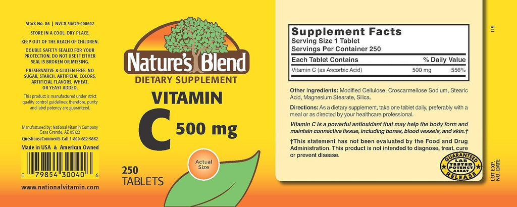 Nature's Blend Vitamin C 500 mg - 250 Comprimidos