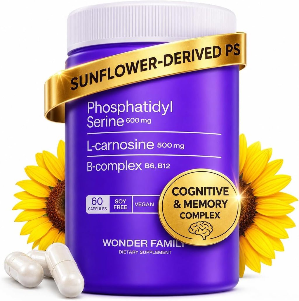 WONDER FAMILY Fosfatidilserina 600 mg con L-Carnosina 500 mg + B6, B12 y Ácido Fólico - Complejo de PS de Lecitina de Girasol sin Soja - 60 Cápsulas