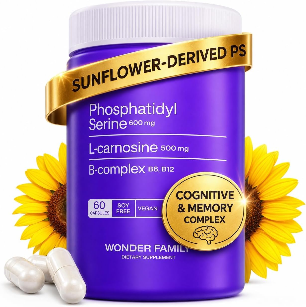 WONDER FAMILY Fosfatidilserina 600 mg con L-Carnosina 500 mg + B6, B12 y Ácido Fólico - Complejo de PS de Lecitina de Girasol sin Soja - 60 Cápsulas