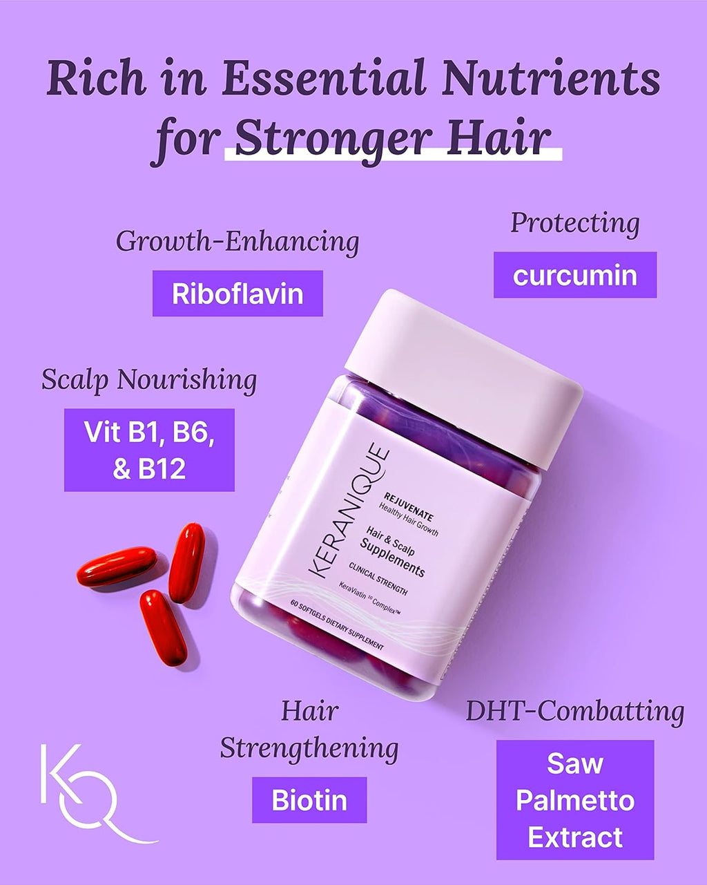 Keranique Suplementos para Cabello y Cuero Cabelludo con Biotina, Vitaminas B y Nutrientes Esenciales