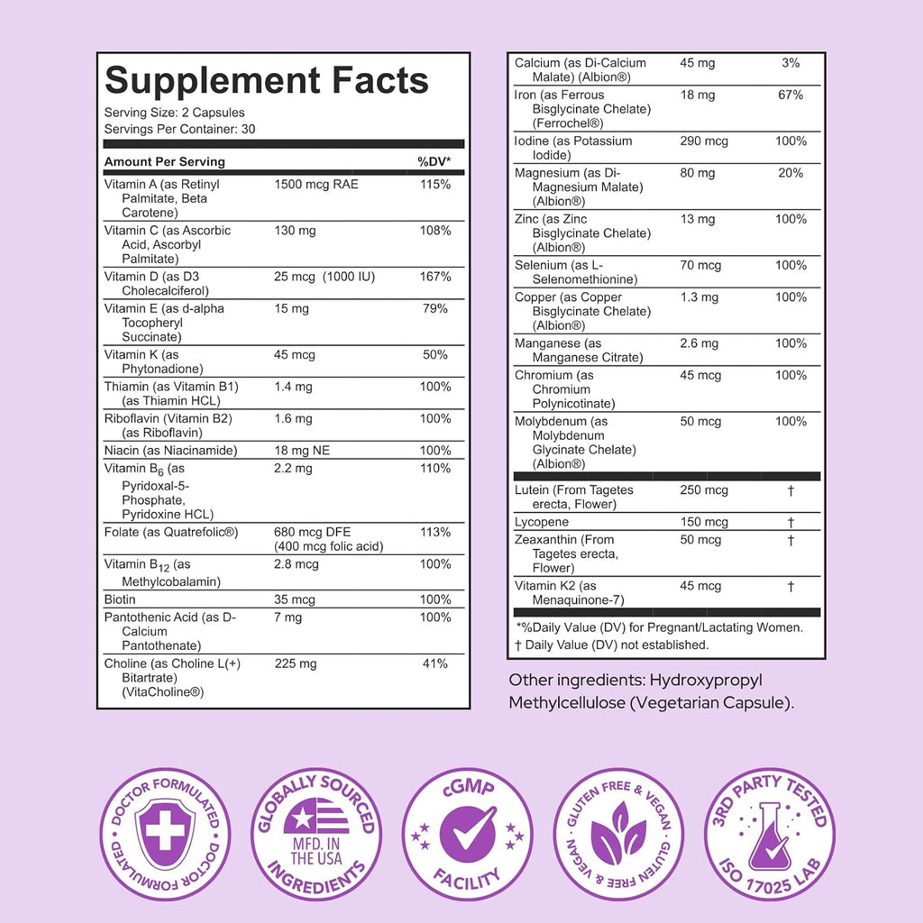 Premom Vitaminas Prenatales 27 en 1, 60 Cápsulas Veganas con 5-MTHF, Colina y Hierro