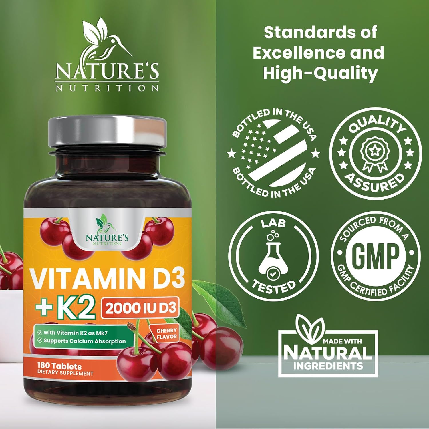 Vitamina D3 y K2 2000 UI MK-7, 180 comprimidos masticables sabor a bayas - Nature's Nutrition