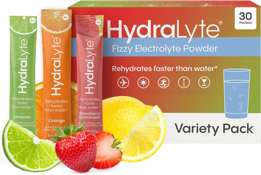 Hydralyte Paquetes de Electrolitos en Polvo Bajo en Azúcar - Rehidratación Rápida Ligeramente Efervescente, 8 oz (30 Sobres)