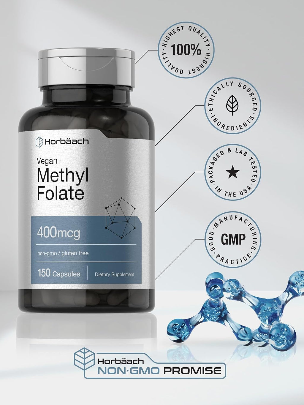 Horbäach Metilfolato 400 mcg | 150 Cápsulas Veganas | No-GMO, Sin Gluten | Complemento Alimenticio